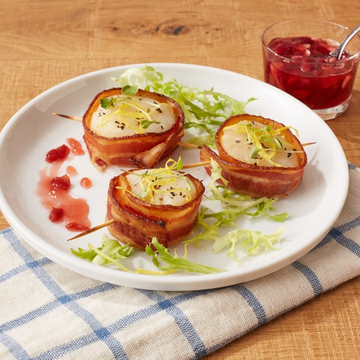 Sea Scallops Wrapped in Wild Cherrywood Smoked Bacon with Sour Cherry Sauce Sea Scallops Wrapped in Wild Cherrywood Smoked Bacon with Sour Cherry Sauce